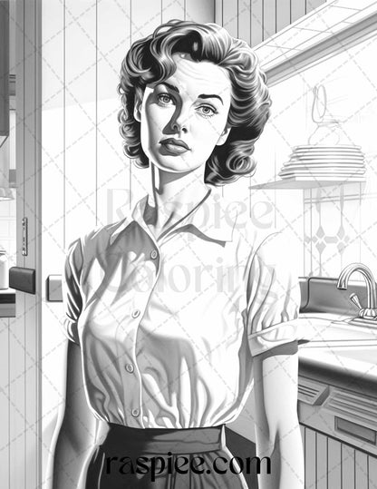 40 Retro Housewives Grayscale Coloring Pages for Adults, Printable PDF File Instant Download