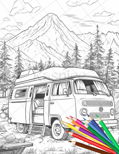 30 Campervan Adventure Grayscale Coloring Pages Printable for Adults, PDF File Instant Download