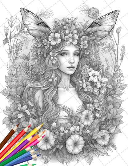 30 Beautiful Fairies Coloring Page Book for Adults, Flower Fairy Grayscale Coloring Book, Fairy Coloring Sheets, Printable PDF File Download