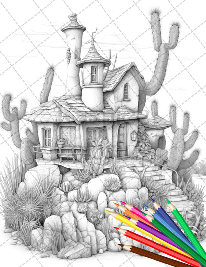 46 Fantasy Cactus Houses Grayscale Coloring Pages Printable for Adults, PDF File Instant Download