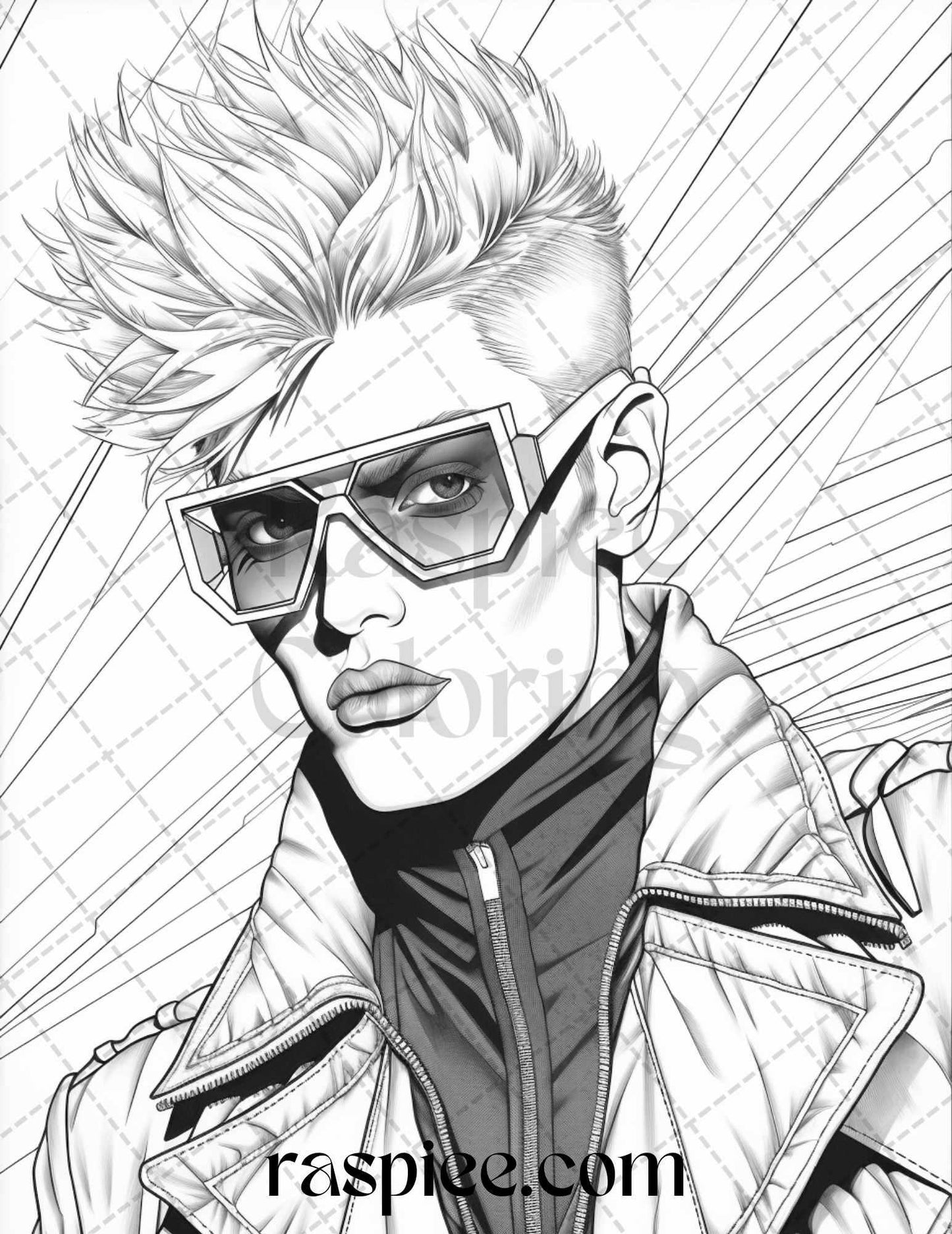 1980s New Wave Pop Star Grayscale Coloring Pages Printable for Adults, PDF File Instant Download