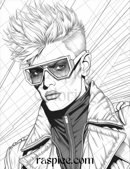 1980s New Wave Pop Star Grayscale Coloring Pages Printable for Adults, PDF File Instant Download