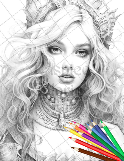 40 Beautiful Gothic Girls Grayscale Coloring Pages Printable for Adults, PDF File Instant Download