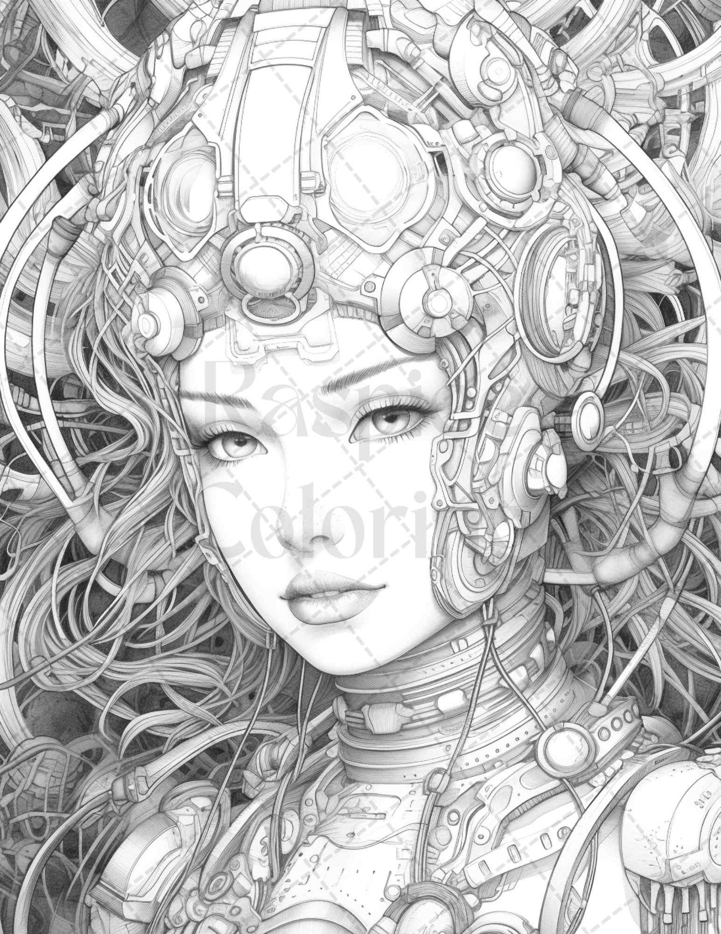 40 Beautiful Cyborg Girls Grayscale Coloring Pages Printable for Adults, PDF File Instant Download