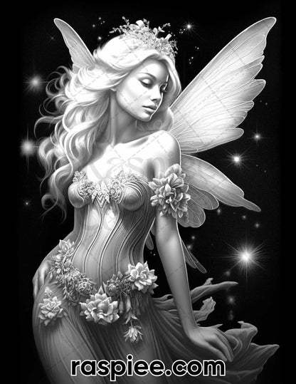 50 Starlight Fairy Grayscale Coloring Pages for Adults, Printable PDF File Instant Download