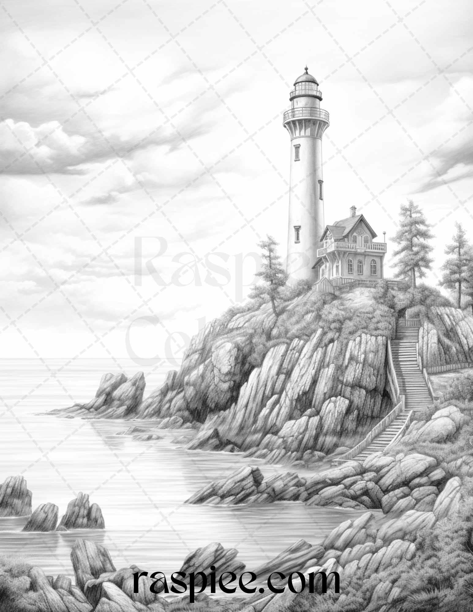 40 Majestic Lighthouses Grayscale Coloring Pages Printable for Adults, PDF File Instant Download