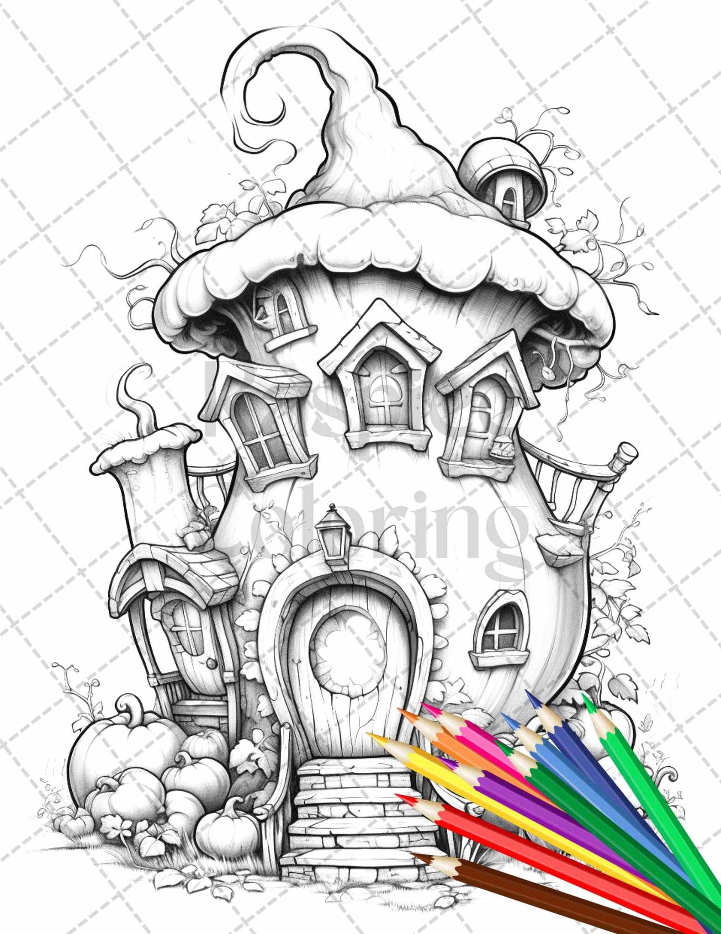 40 Pumpkin Fairy Houses Grayscale Coloring Pages Printable for Adults, PDF File Instant Download