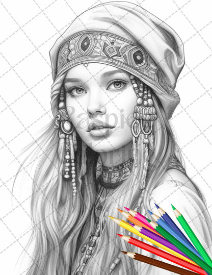 43 Beautiful Hippie Girls Grayscale Coloring Pages Printable for Adults, PDF File Instant Download