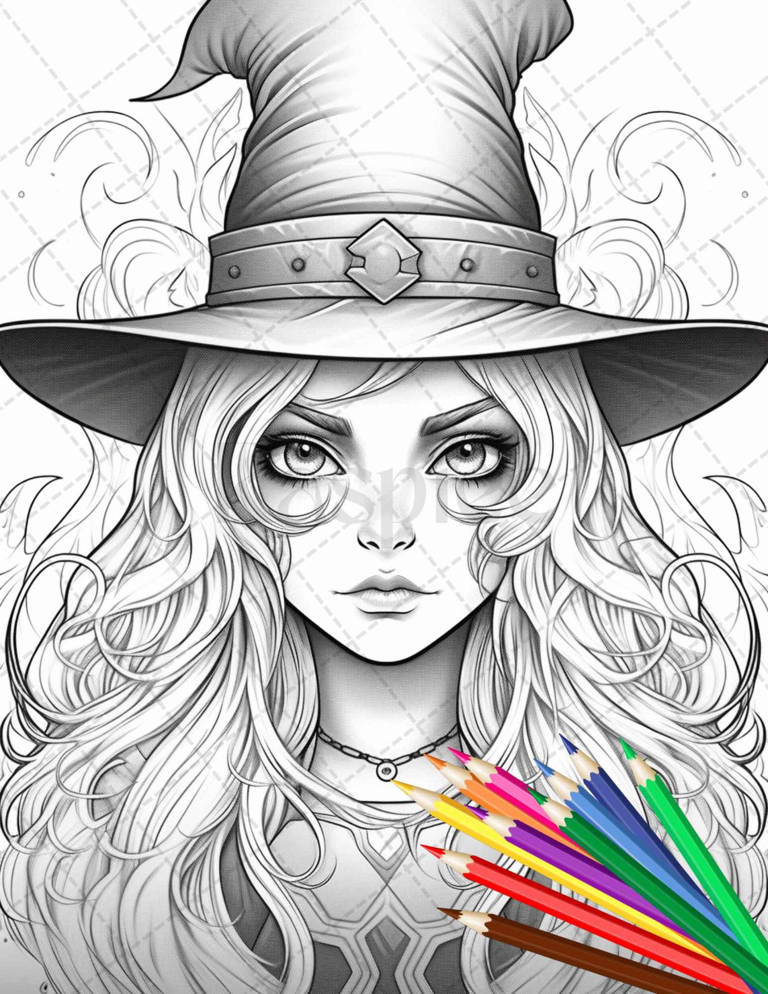 40 Cute Witches Coloring Pages Printable for Adults, Grayscale Coloring Page, PDF File Instant Download