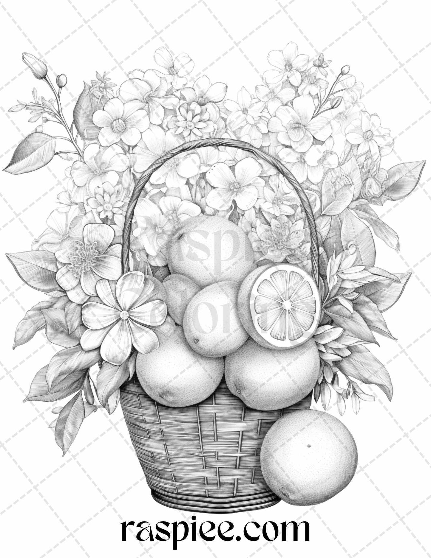 40 Fruit Basket Grayscale Coloring Pages Printable for Adults, PDF File Instant Download