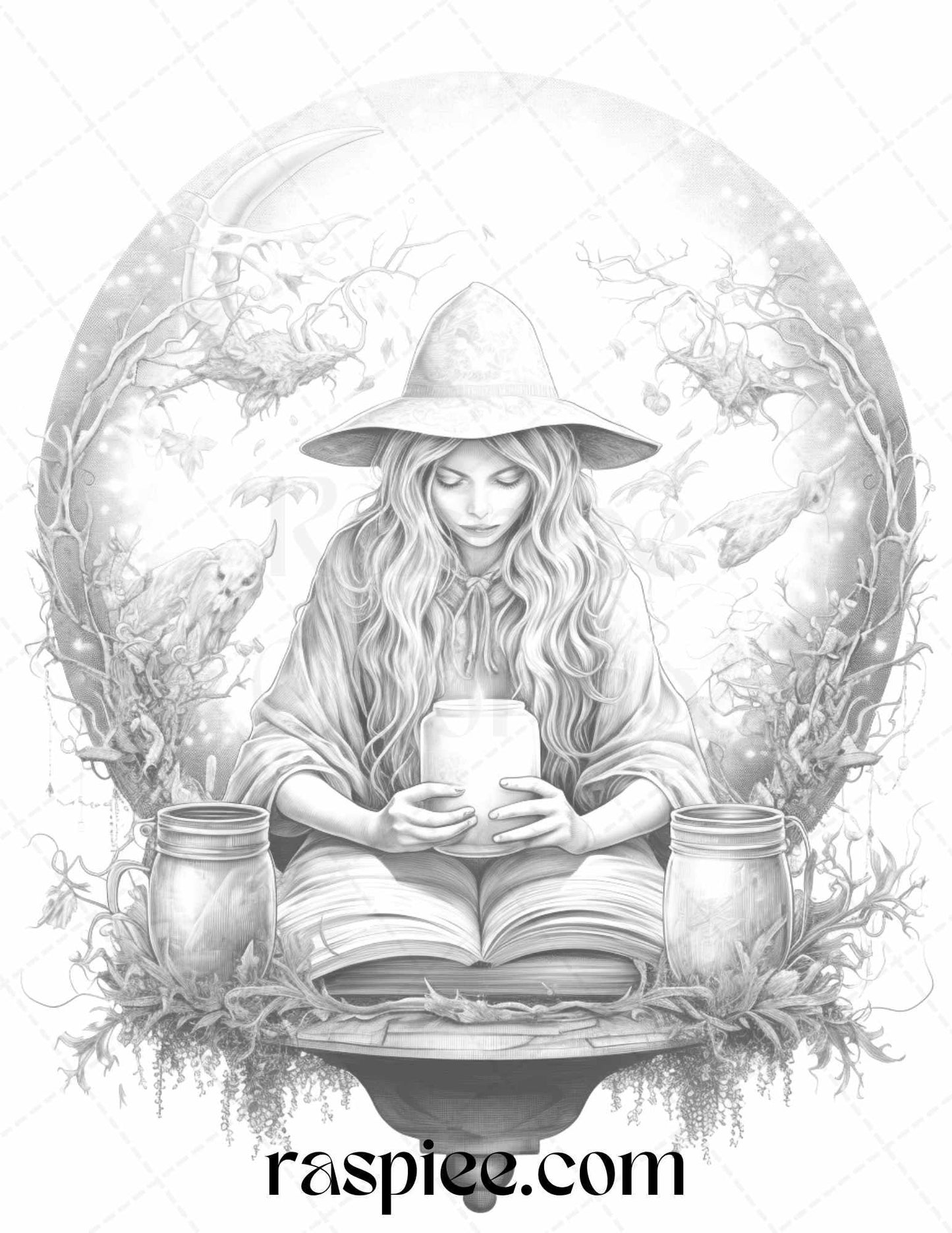 40 Witchy Land Grayscale Coloring Pages Printable for Adults, PDF File Instant Download