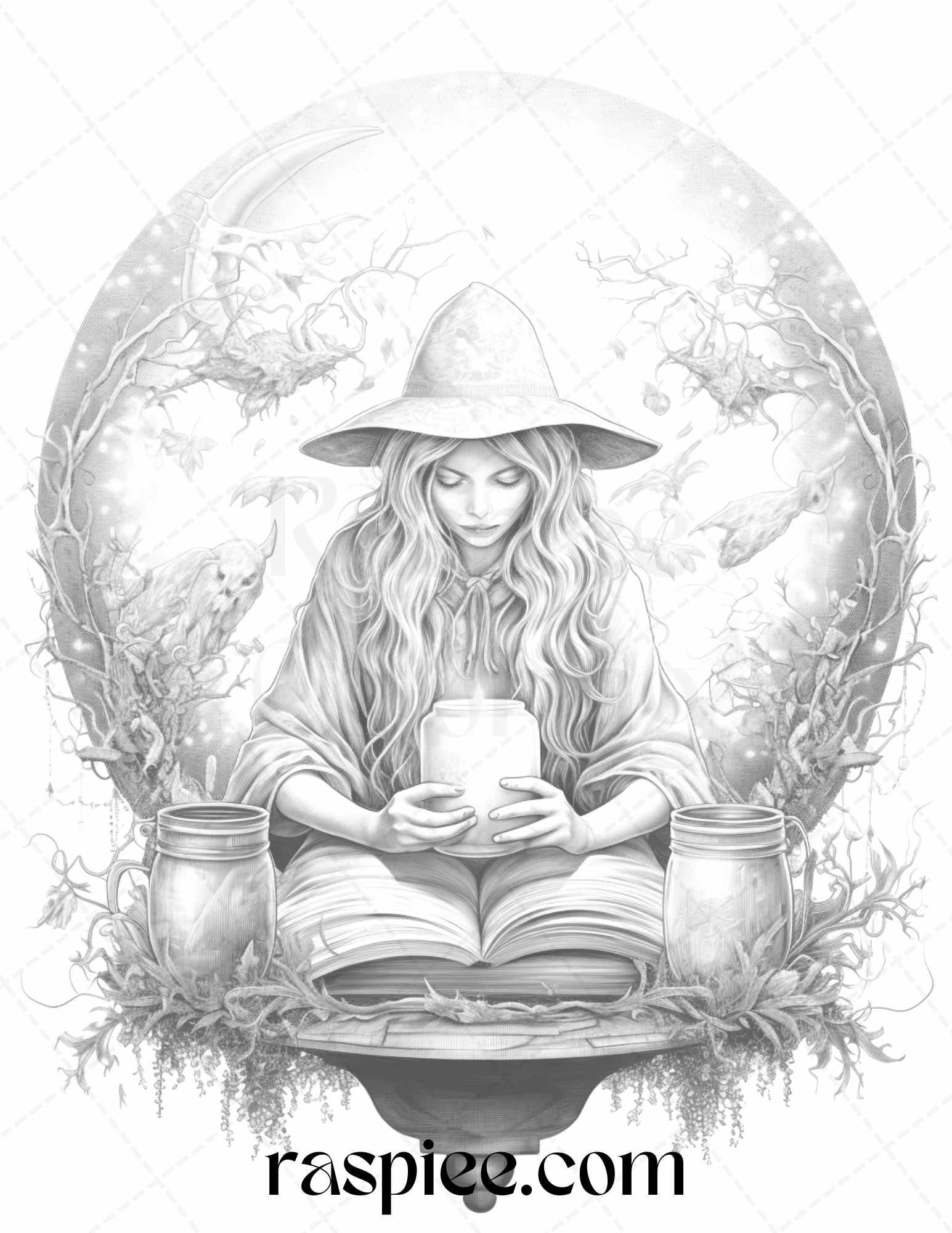 40 Witchy Land Grayscale Coloring Pages Printable for Adults, PDF File Instant Download