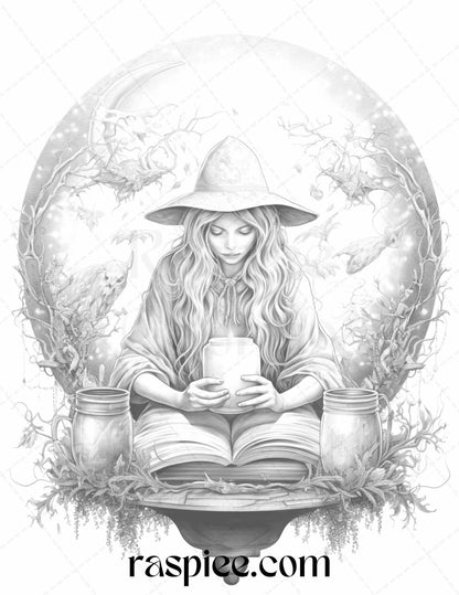 40 Witchy Land Grayscale Coloring Pages Printable for Adults, PDF File Instant Download