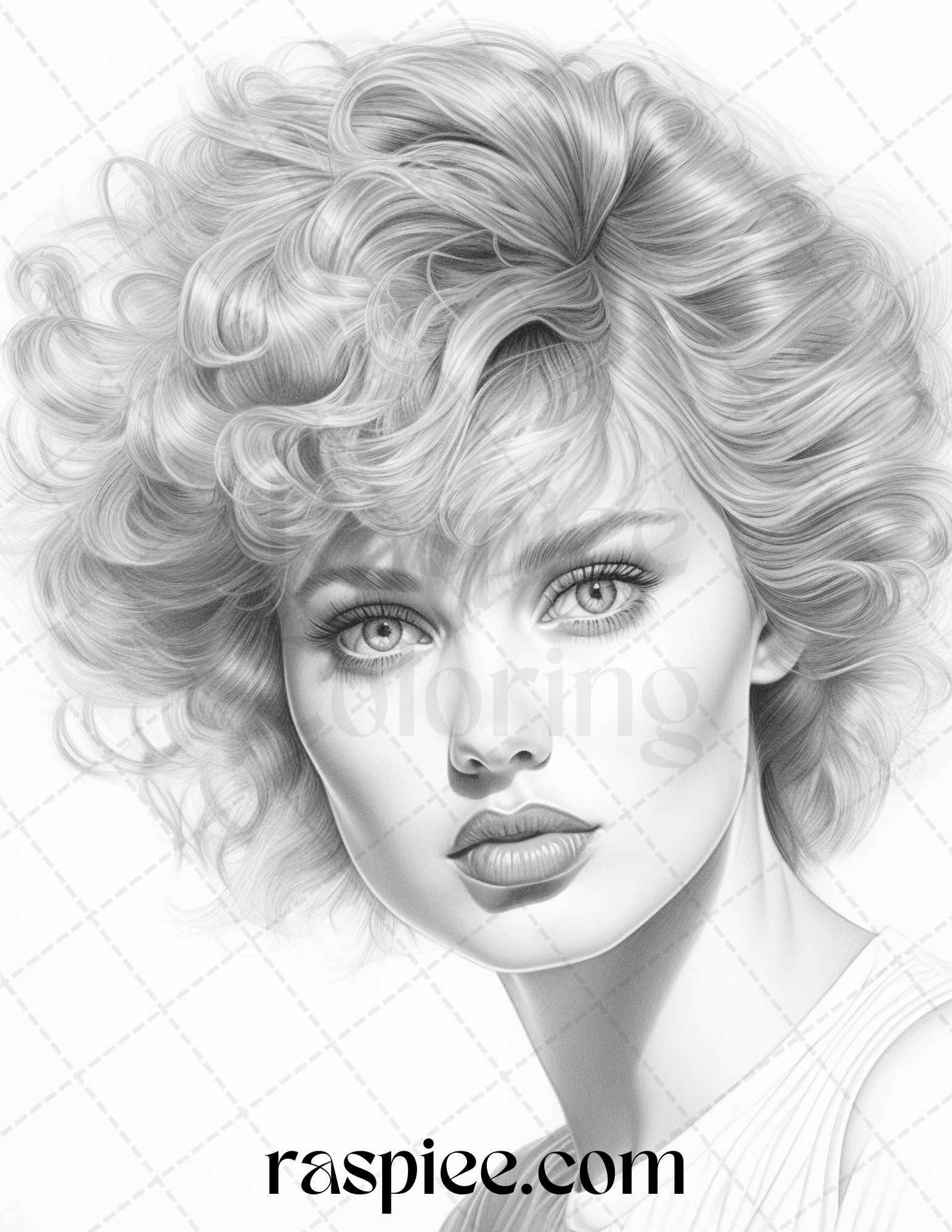 1980s Retro Beautiful Women Grayscale Coloring Pages for Adults, PDF File Instant Download