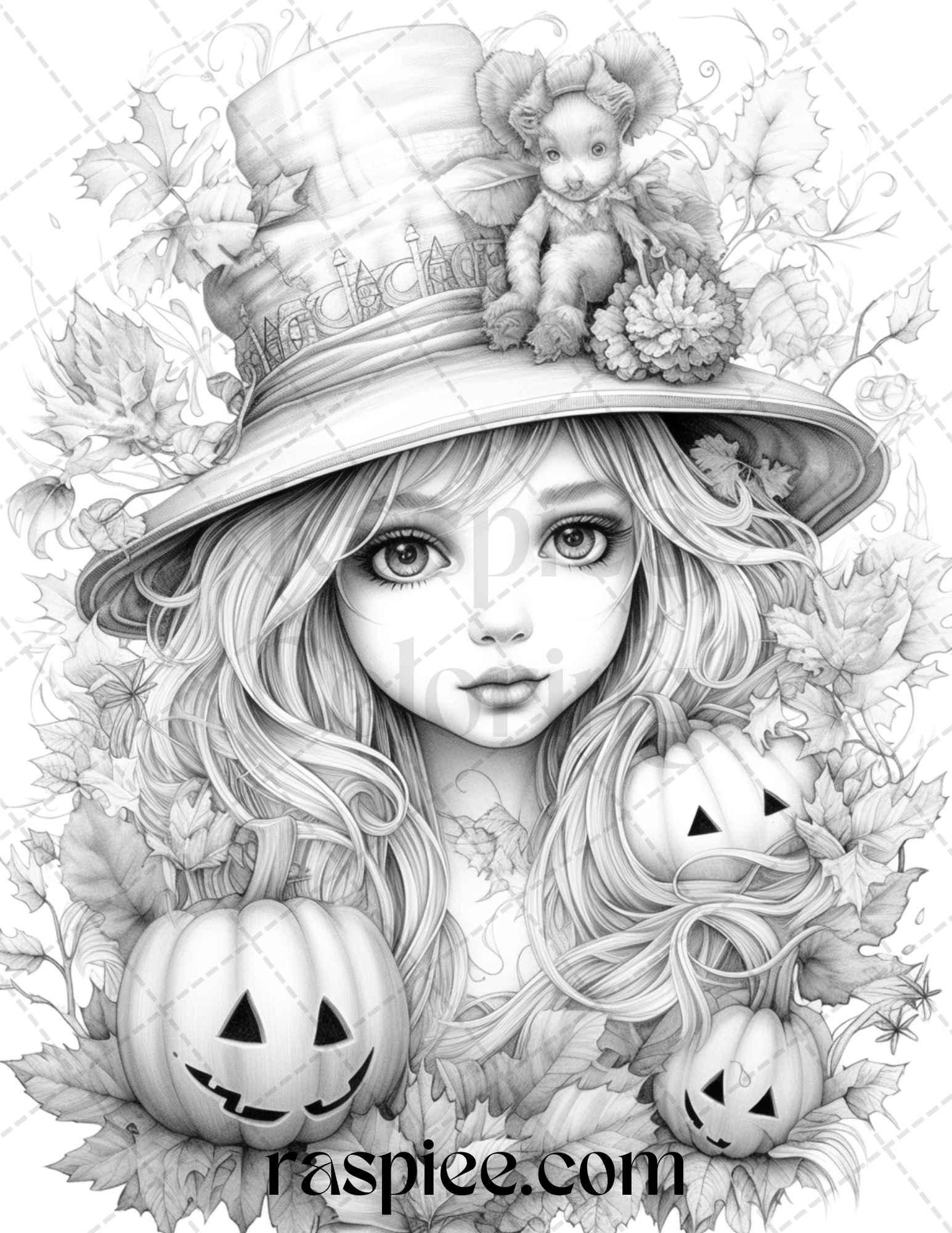 40 Pumpkin Fairy Girls Grayscale Coloring Pages Printable for Adults, PDF File Instant Download