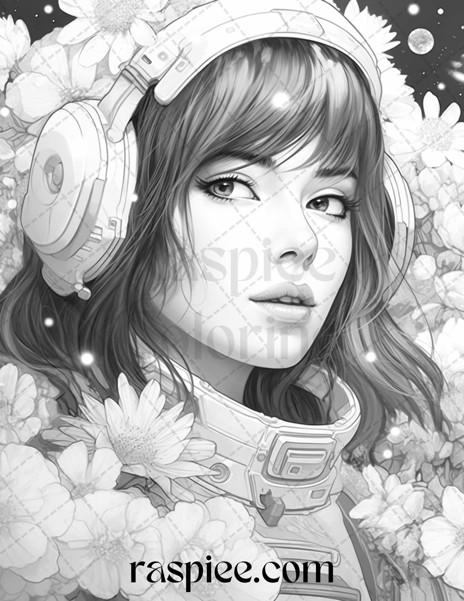 50 Astronaut Girl Portrait Grayscale Coloring Pages Printable for Adults, PDF File Instant Download