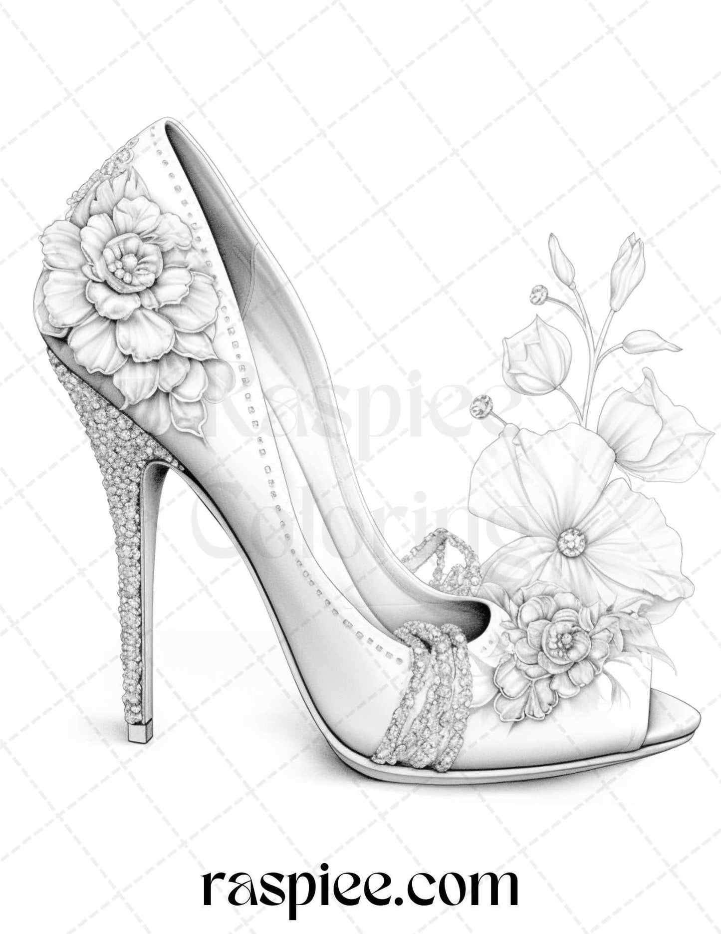 40 Flower Wedding Shoes Grayscale Coloring Pages Printable for Adults, PDF File Instant Download