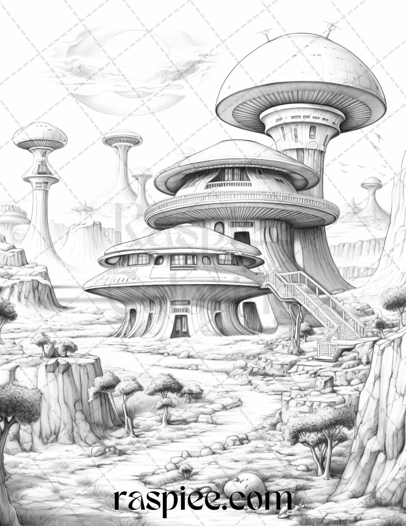 40 Alien Houses Grayscale Coloring Pages for Adults, Printable PDF File Instant Download