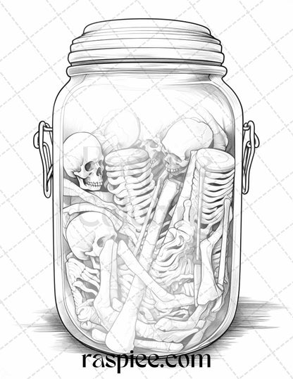 40 Halloween in Jar Grayscale Coloring Pages for Adults, Printable PDF File Instant Download