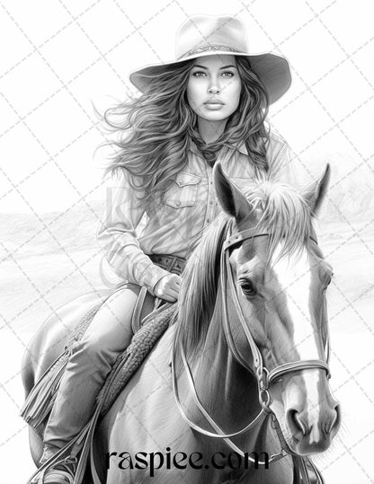 40 Beautiful Cowgirls Grayscale Coloring Pages Printable for Adults, PDF File Instant Download