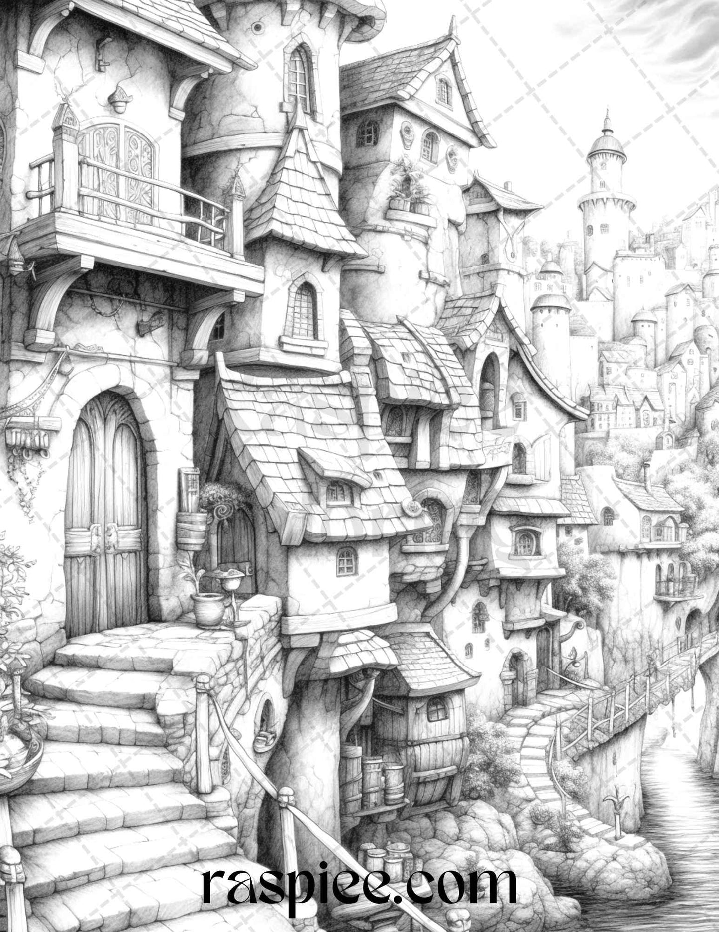 40 Fantasy Village Grayscale Coloring Pages Printable for Adults, PDF File Instant Download