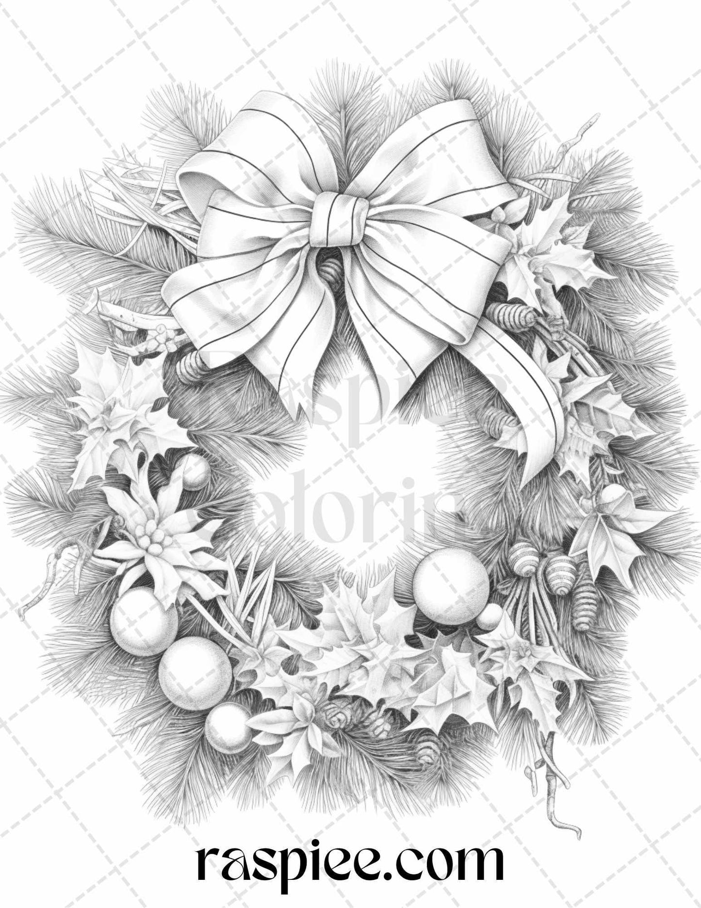 40 Christmas Wreath Grayscale Coloring Pages Printable for Adults, PDF File Instant Download