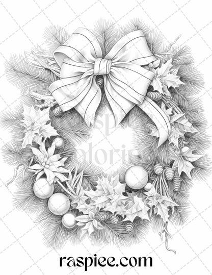 40 Christmas Wreath Grayscale Coloring Pages Printable for Adults, PDF File Instant Download