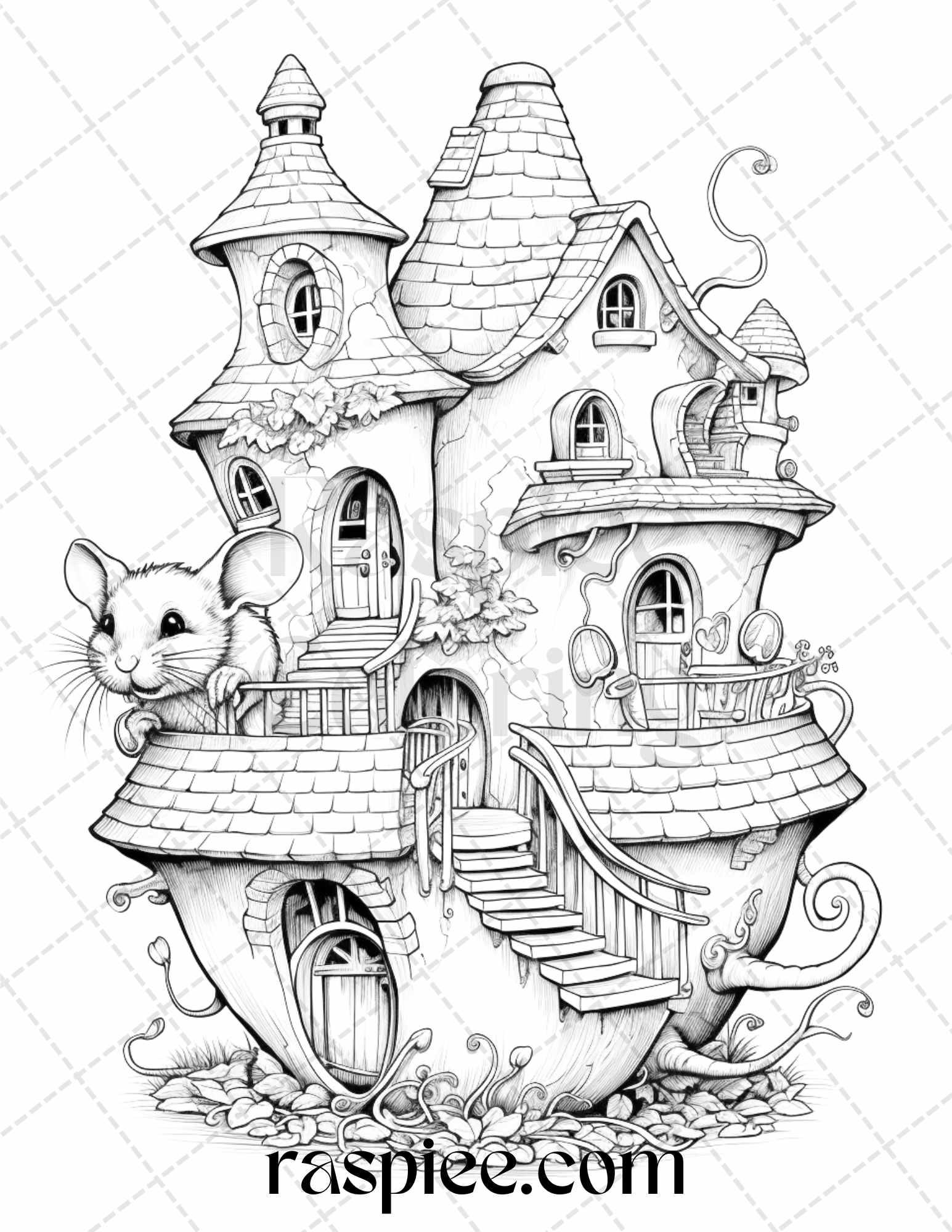 40 Magical Mouse Houses Grayscale Coloring Pages Printable for Adults, PDF File Instant Download