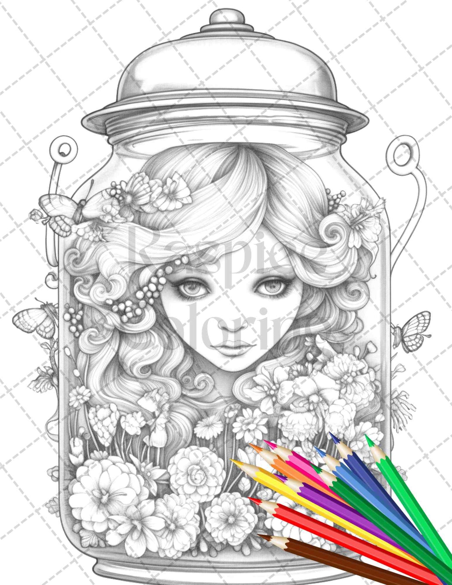 40 Beautiful Fairies in Jar Grayscale Coloring Pages Printable for Adults, PDF File Instant Download