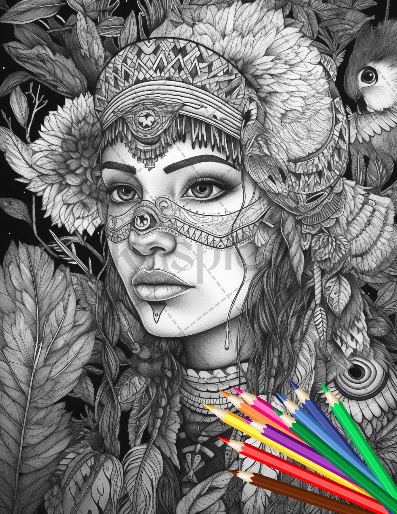 30 Native American Girls Printable Coloring Pages for Adult, Native American Culture Grayscale Coloring Book, Printable PDF File Download