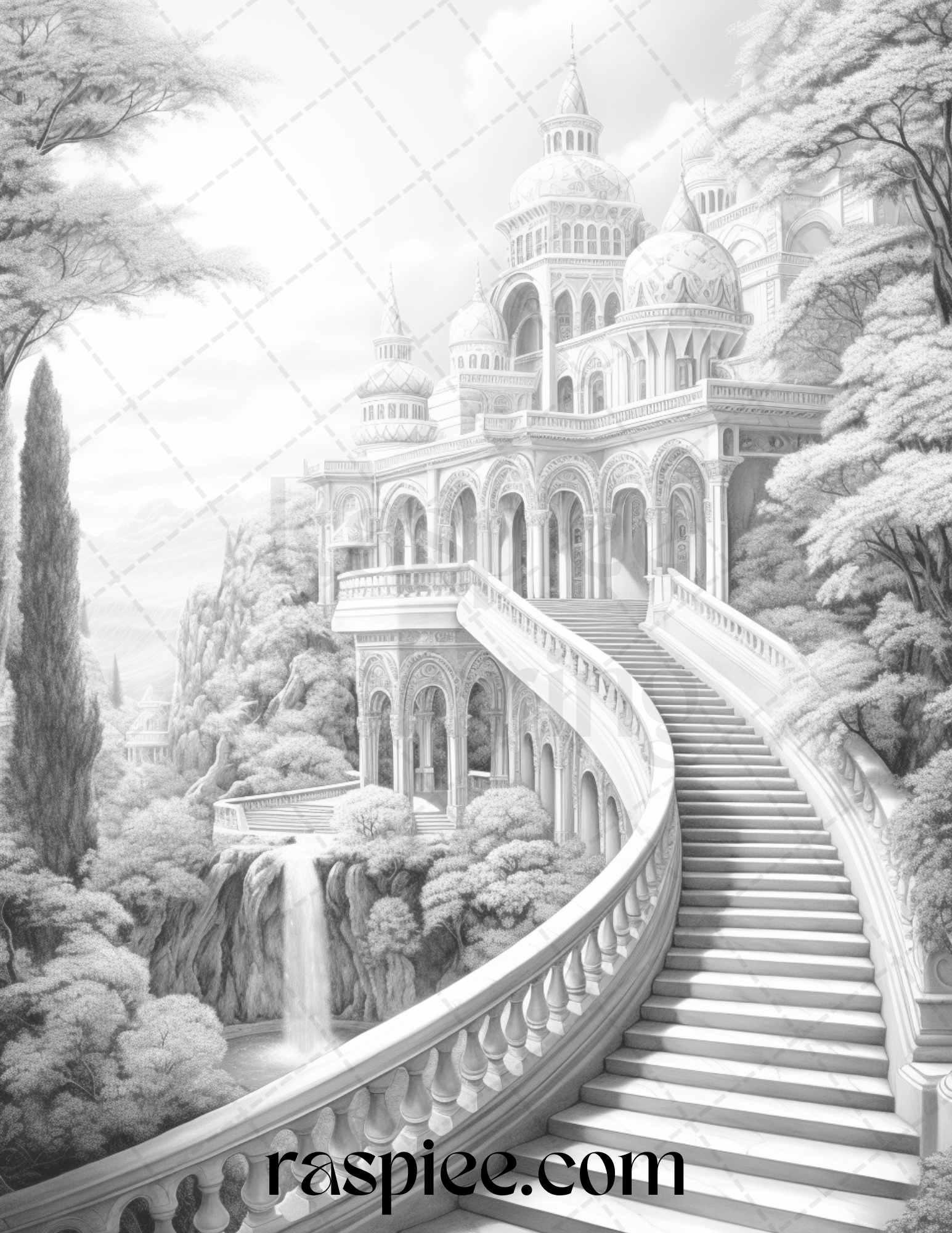 40 Fantasy Landscapes Grayscale Coloring Pages Printable for Adults, PDF File Instant Download