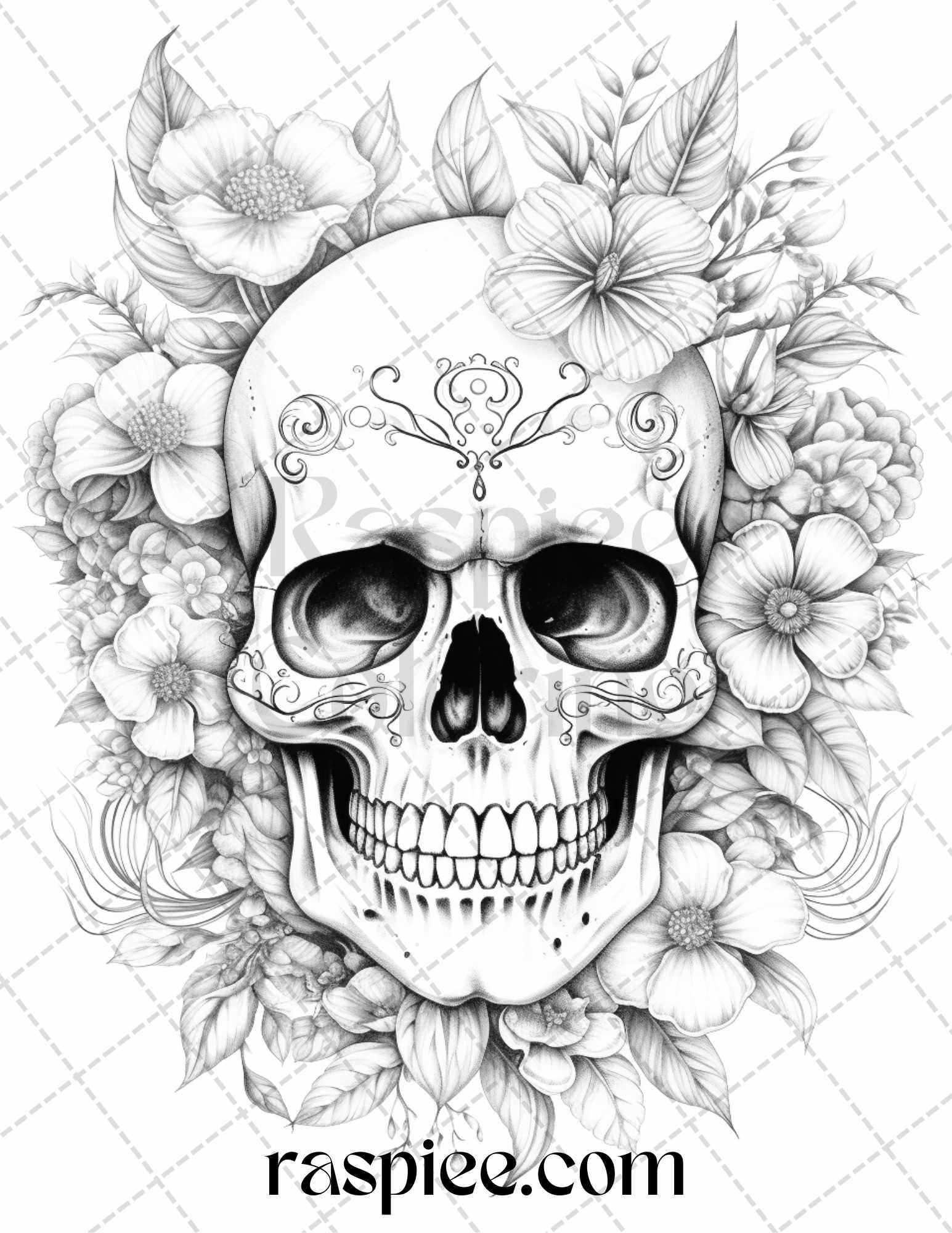 42 Floral Skull Grayscale Coloring Pages for Adults, Stress Relief Coloring Sheets, Printable PDF File Instant Download