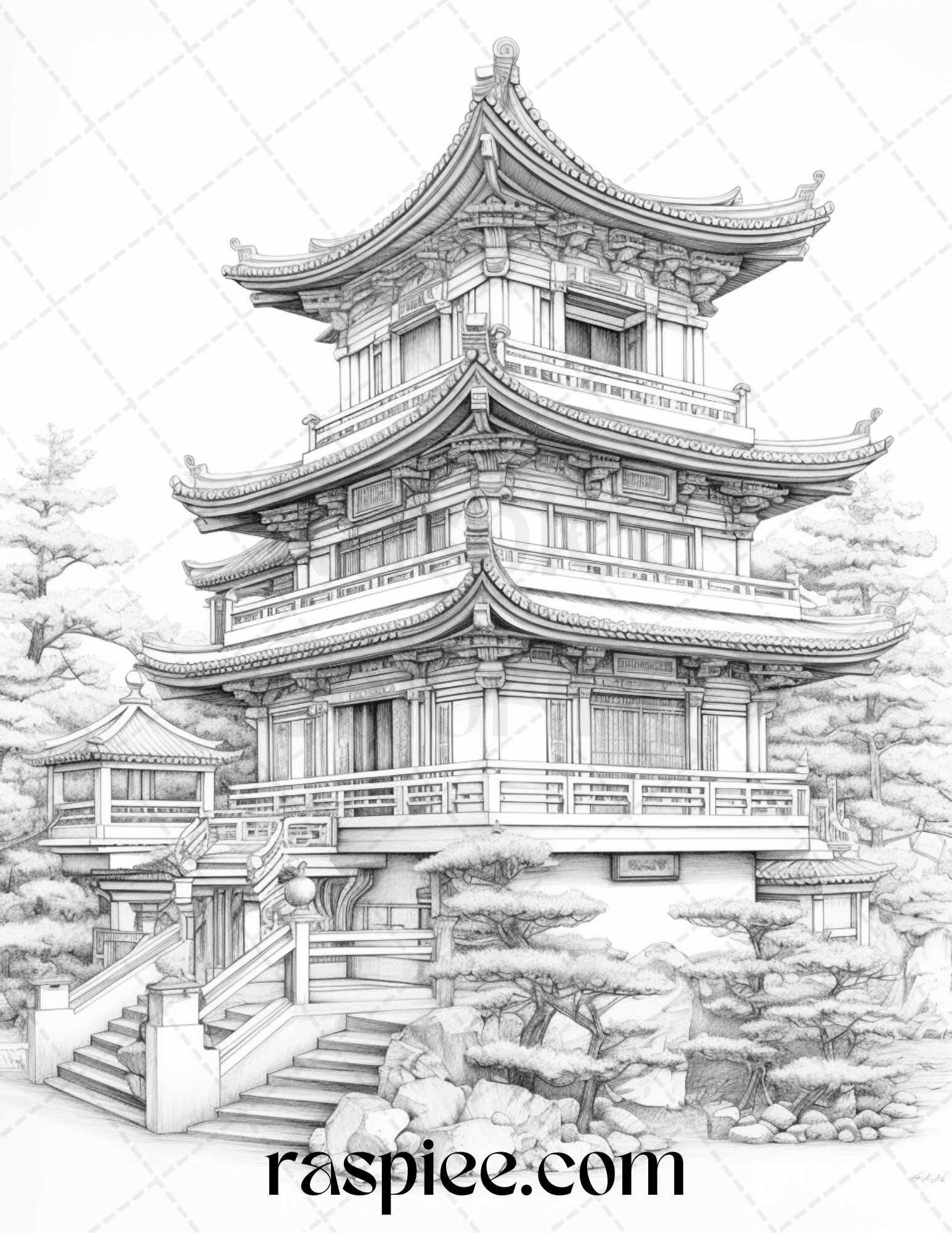 40 Traditional Chinese Houses Grayscale Coloring Pages Printable for Adults, PDF File Instant Download