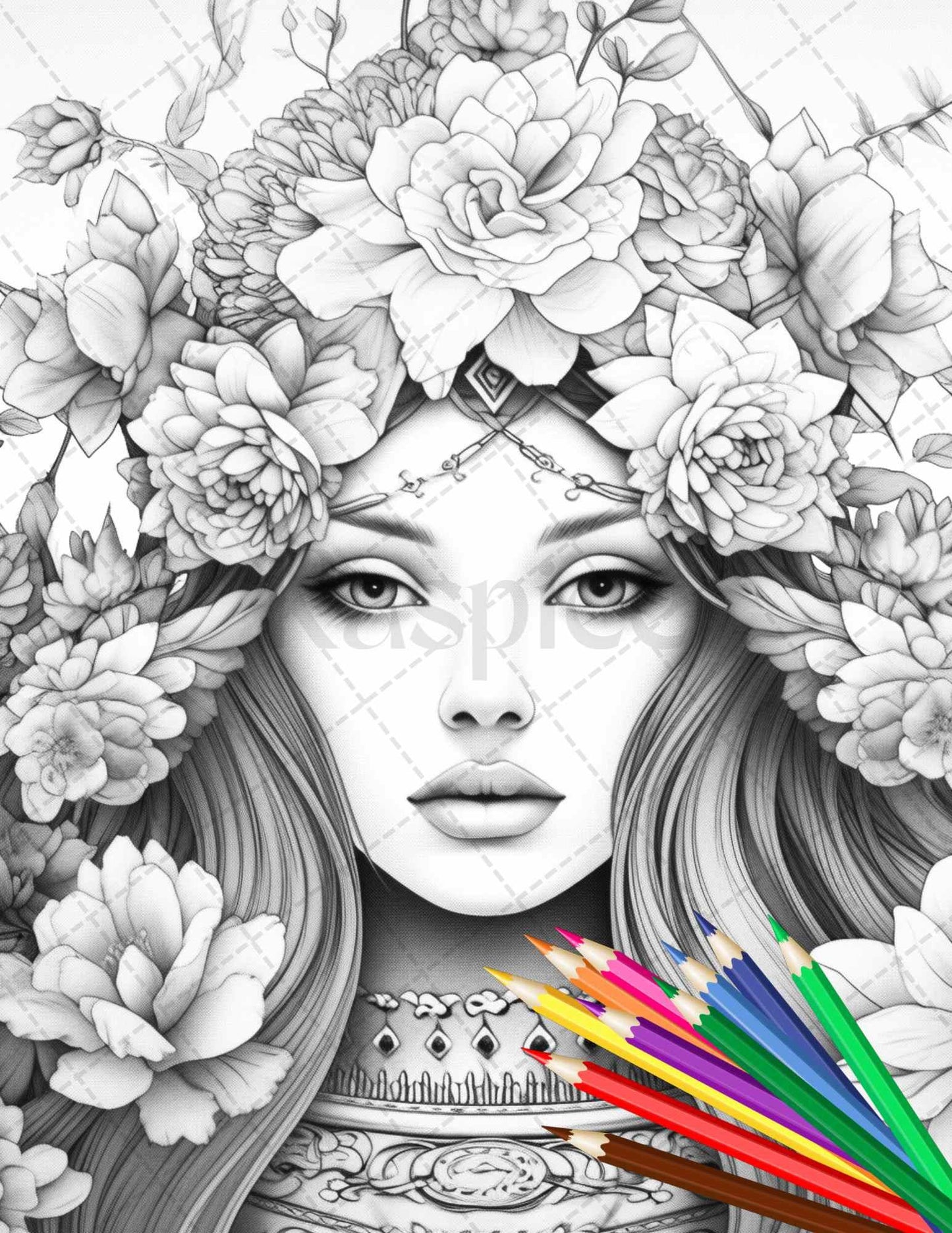 38 Flower Goddess Coloring Pages Printable for Adults, Grayscale Coloring Page, PDF File Instant Download