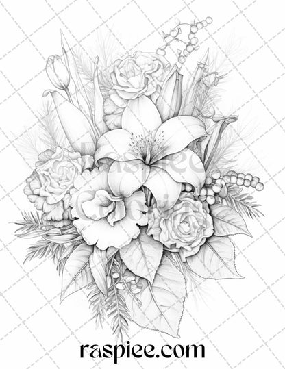 45 Christmas Flowers Grayscale Coloring Pages Printable for Adults, PDF File Instant Download