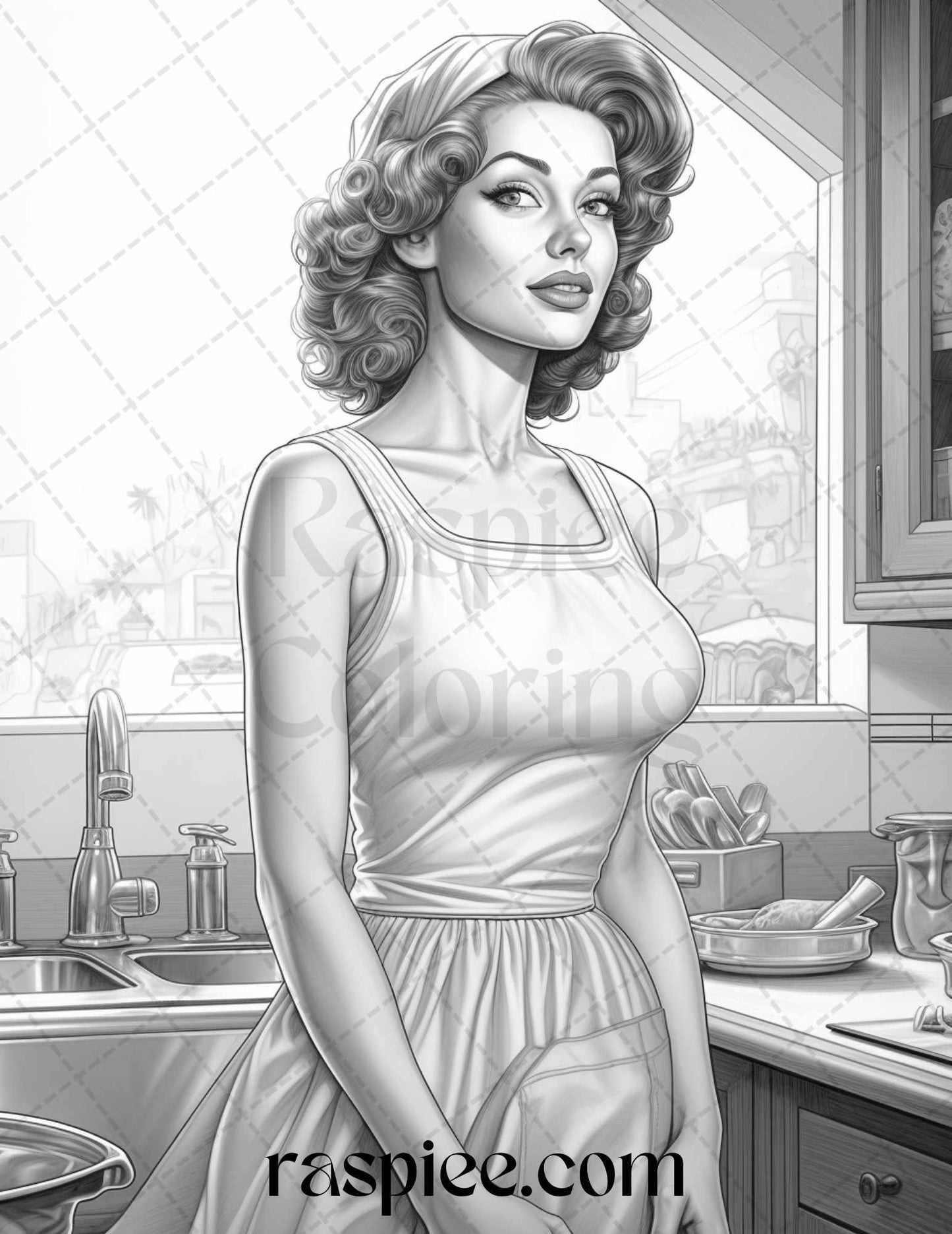 40 Retro Housewives Grayscale Coloring Pages for Adults, Printable PDF File Instant Download