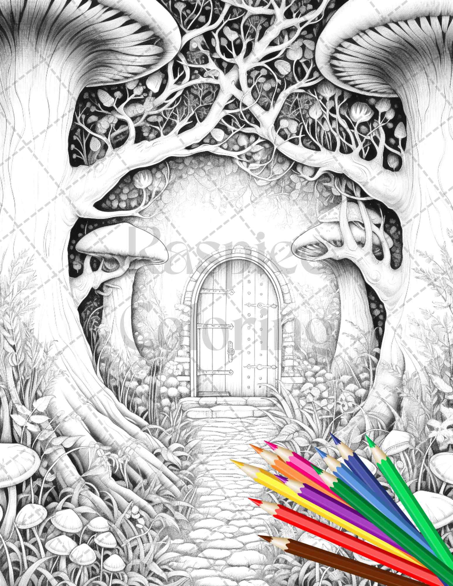 40 Magical Forest Gates Grayscale Coloring Pages Printable for Adults, PDF File Instant Download