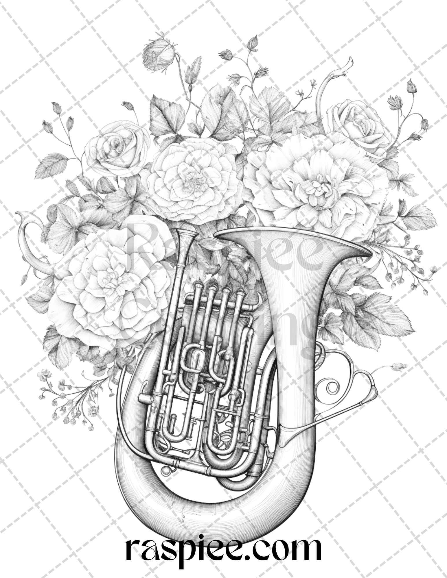 30 Musical Instrument Flower Grayscale Coloring Pages Printable for Adults, PDF File Instant Download