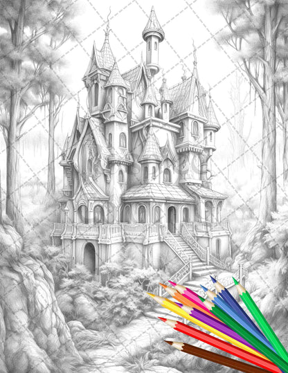 40 Creepy Gothic Houses Grayscale Coloring Pages Printable for Adults, PDF File Instant Download