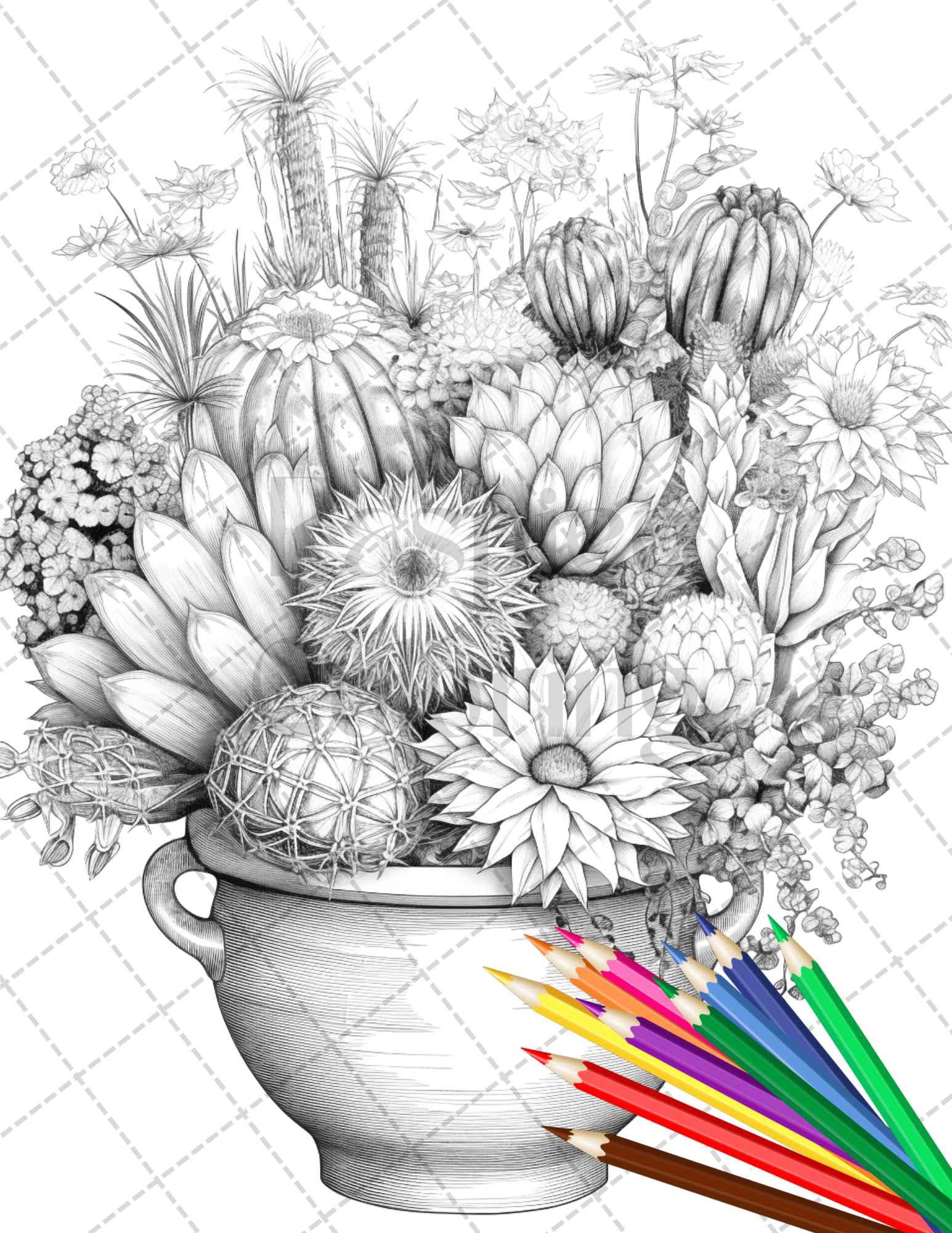 40 Charming Cactus Pots Grayscale Coloring Pages Printable for Adults, PDF File Instant Download