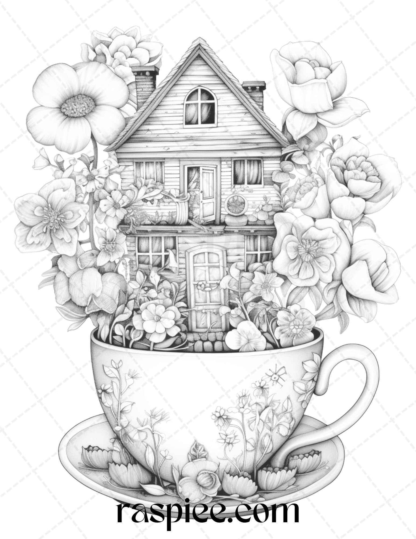 40 Flower Teacup Fairy Houses Grayscale Coloring Pages Printable for Adults, PDF File Instant Download