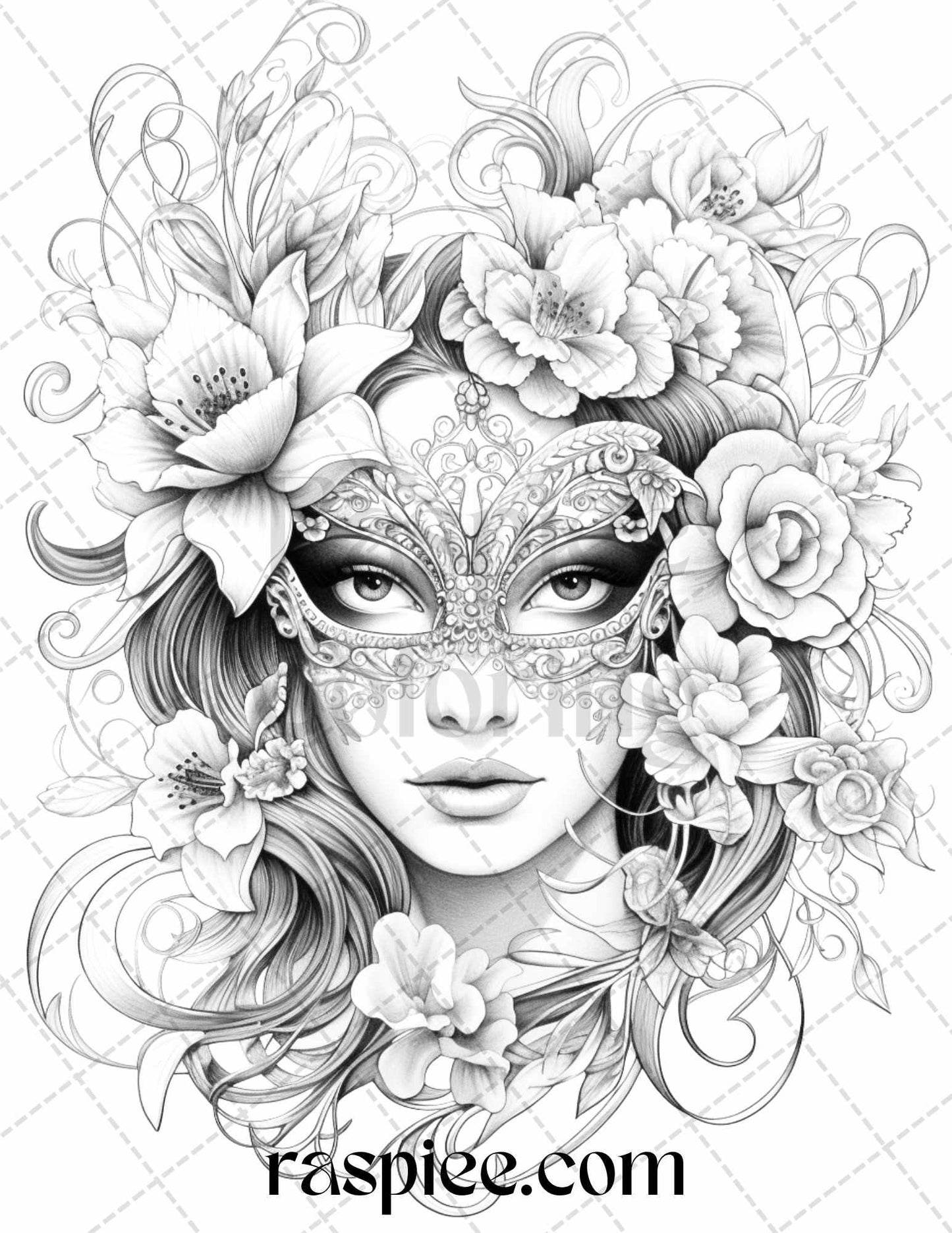 40 Masquerade Masks Grayscale Coloring Pages Printable for Adults, PDF File Instant Download