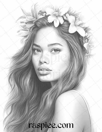 40 Hawaiian Girls Grayscale Coloring Pages Printable for Adults, PDF File Instant Download