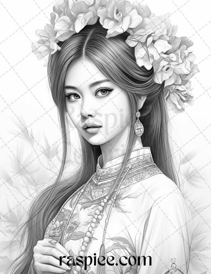 40 Beautiful Chinese Girls Grayscale Coloring Pages for Adults, Printable PDF File Instant Download