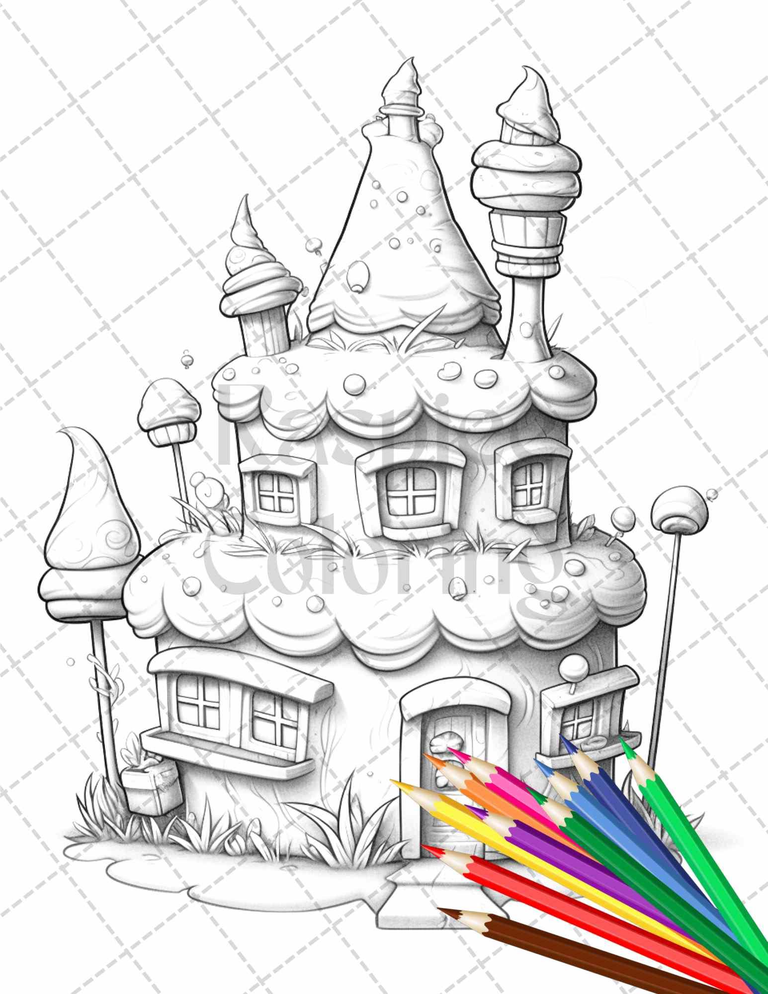 50 Adorable Cake Houses Grayscale Coloring Pages Printable for Adults and Kids, PDF File Instant Download