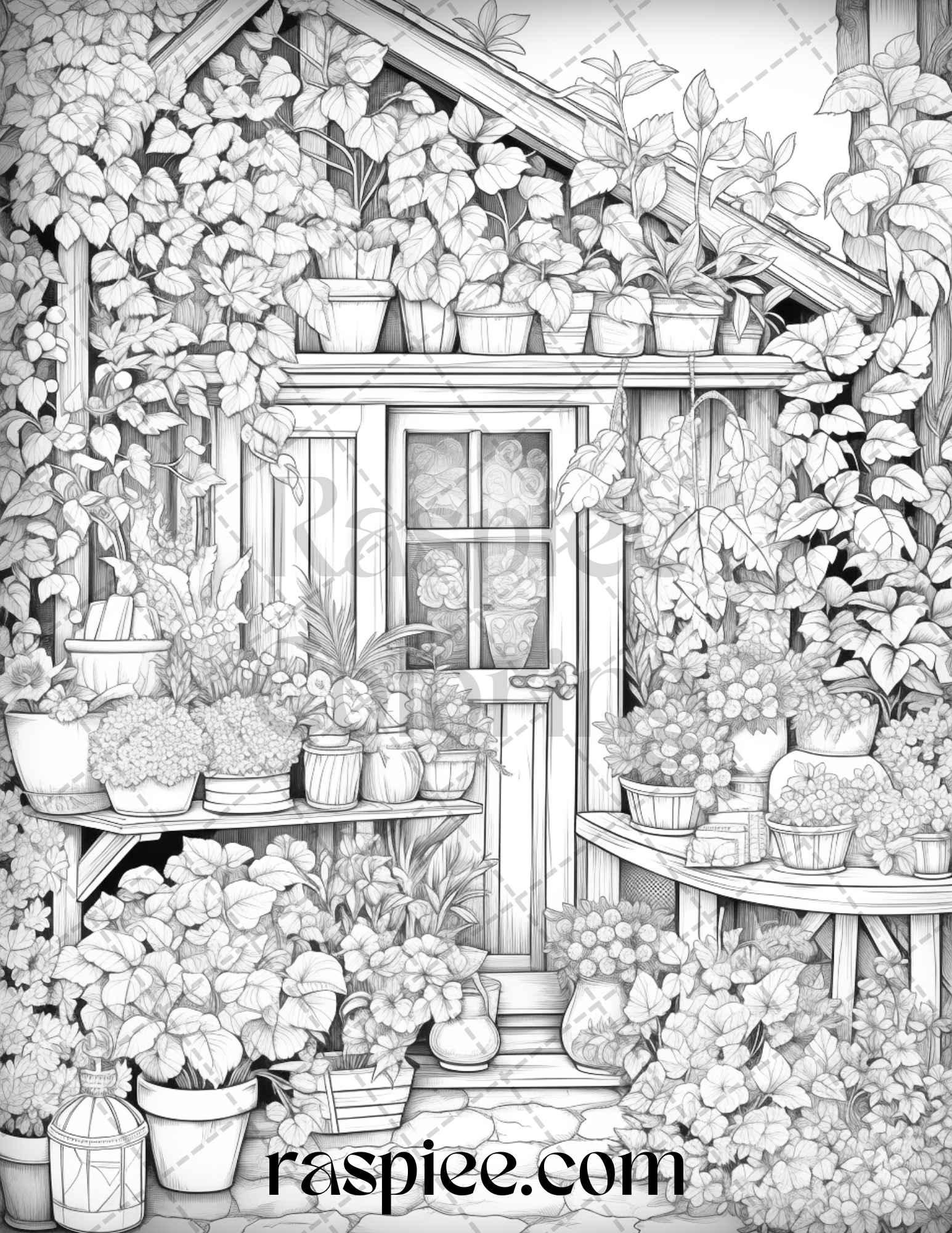 45 Flower Store Front Grayscale Coloring Pages Printable for Adults, PDF File Instant Download