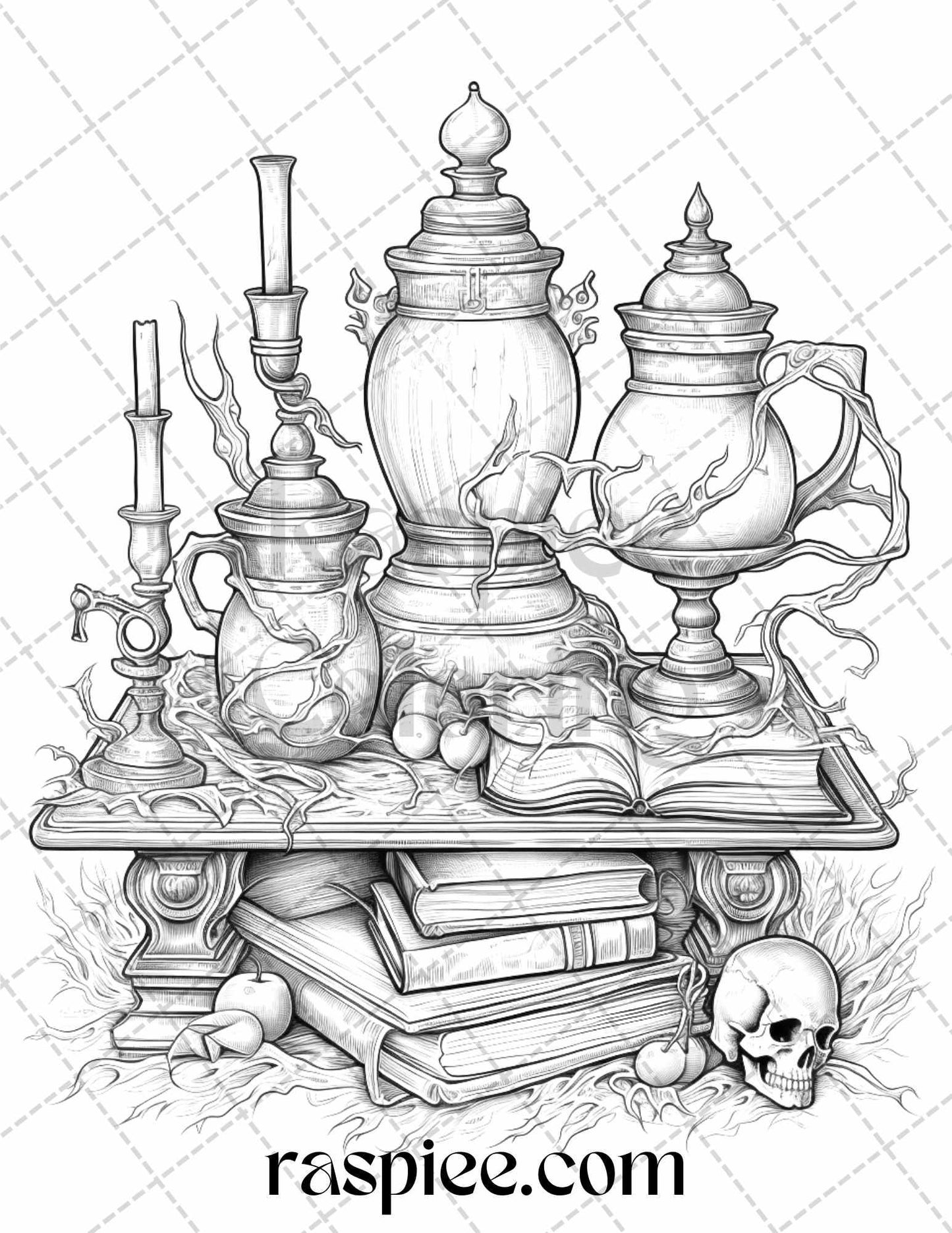 40 Witchy Wonders Grayscale Coloring Pages Printable for Adults, PDF File Instant Download