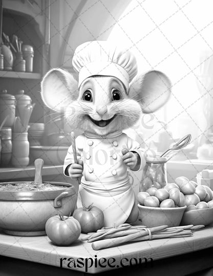 45 Mouse Chef Grayscale Coloring Pages Printable for Adults, PDF File Instant Download