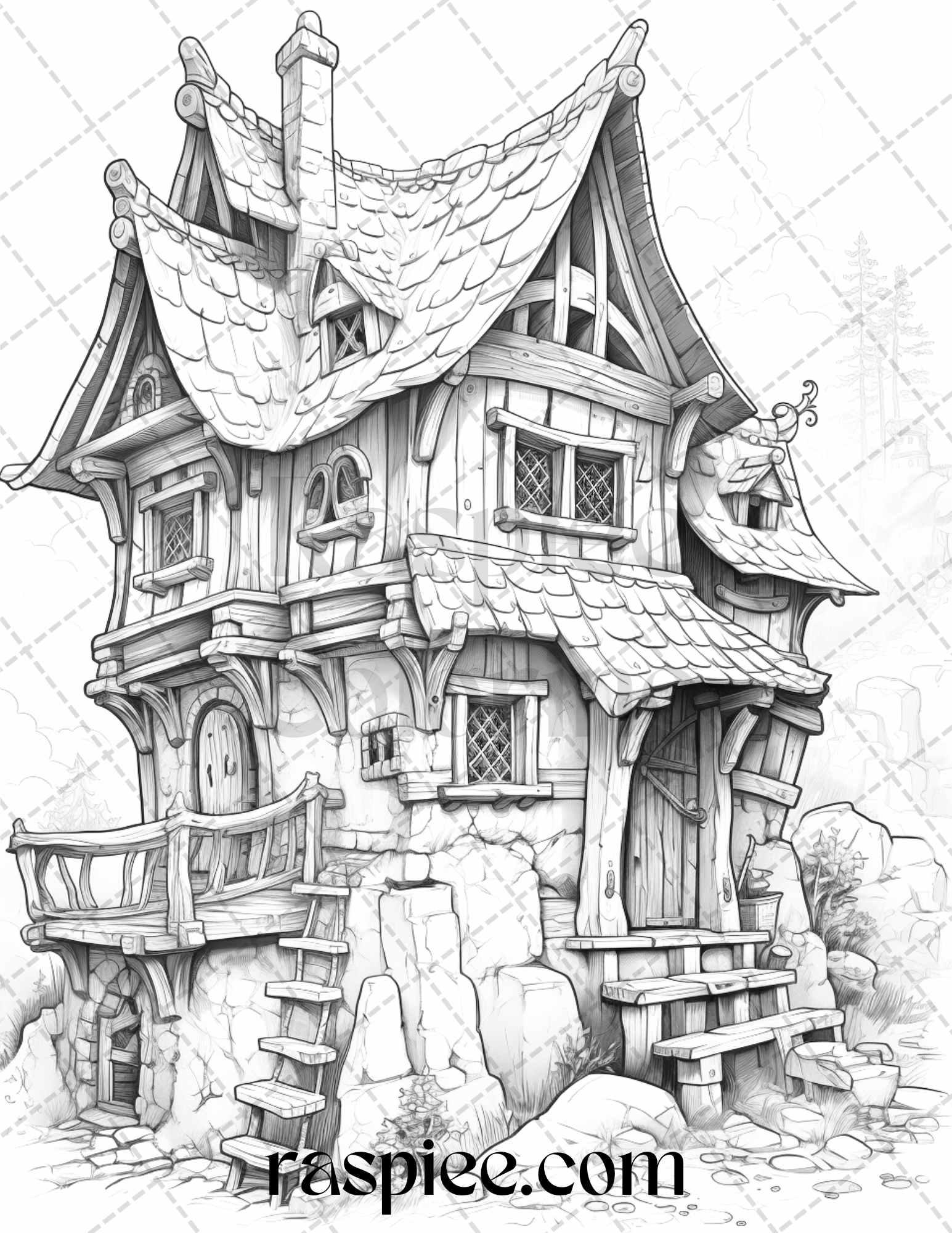 40 Viking Houses Grayscale Coloring Pages Printable for Adults, PDF File Instant Download