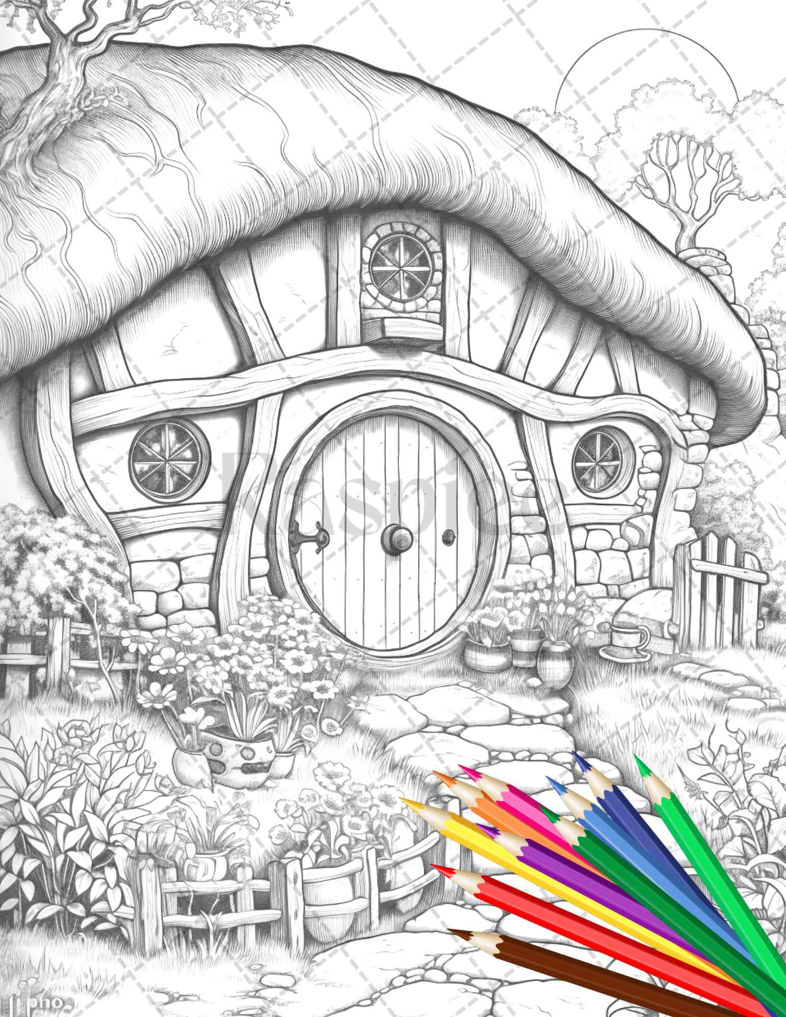 43 Enchanted Hobbiton Houses Grayscale Coloring Pages Printable for Adults, PDF File Instant Download